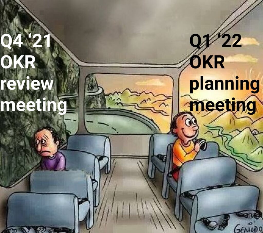 Two-passengers-on-a-bus meme. The gloomy side faces a rock wall, labeled Q4 2021 OKR review meeting. The happy side looks out on a sunny valley, labeled Q1 2022 OKR planning meeting.