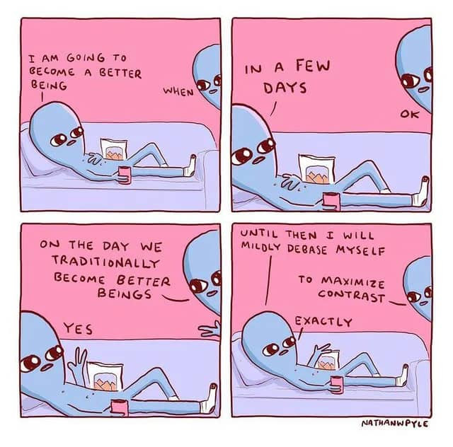 Aliens discussing new year improvements.